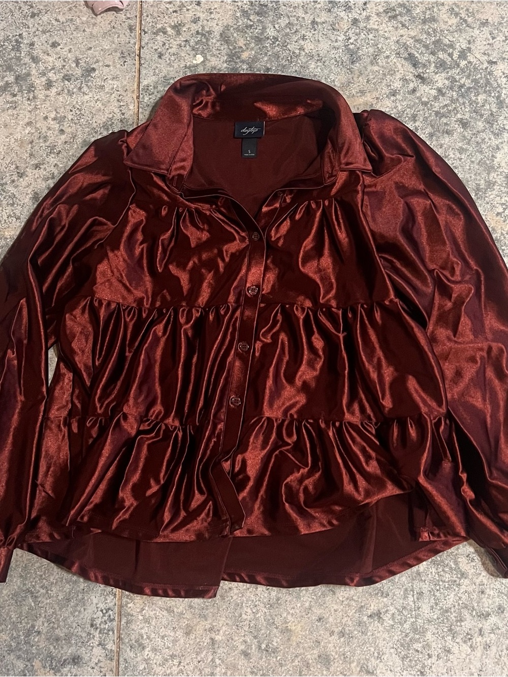 Daytrip Shiny Tiered Button-Up Blouse - Burgundy